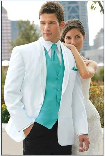 

Custom Made Best Selling White Groom Mens Tuxedo Suits,Bespoke White Tuxedo With Blue Vest,Tailored 1 Button Peak Lapel Coat