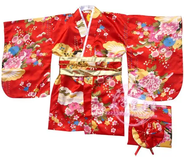 Japanese Kimono Girls Imitation Silk Peacock Printed Yukata Clothing Dress Kids Costume Traditional Costume for Baby Girls