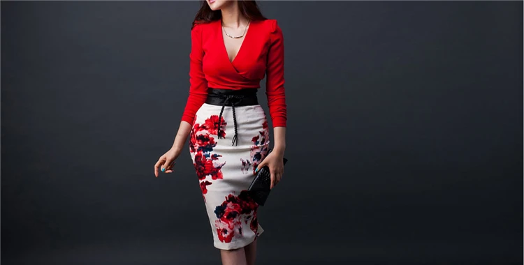 Nuove donne rosso elegante manica lunga Sexy Slim vestito aderente autunno moda scollo a v gonna partito Set