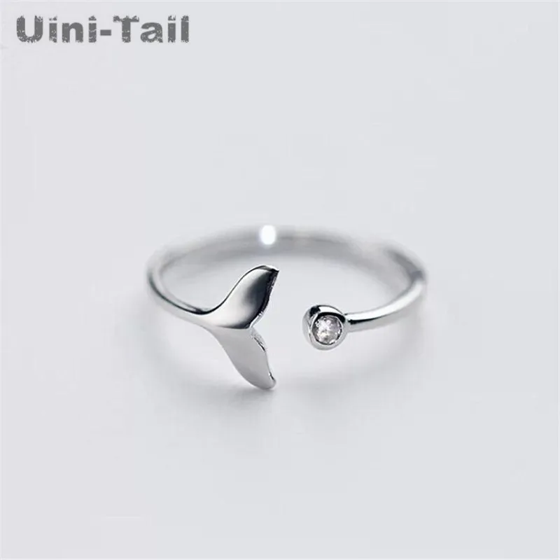 Uini-Tail hot new 925 Tibetan silver whale fishtail micro-inlay ring ladies Korean fashion tide flow cute sweet jewelry JZ133