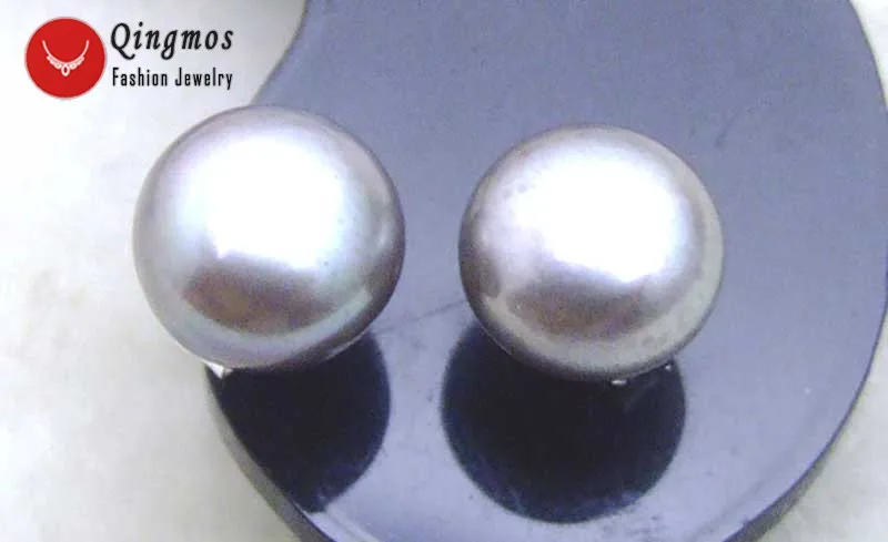 Qingmos Trendy 7-8mm Gray Pearl Earrings for Women with Flat Round Natural Pearl Stering Silver S925 Stud Earring Fine Jewelry