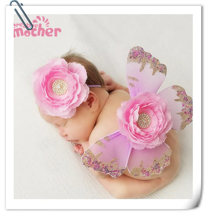 Newborn Photography Props Cute Butterfly wings+Big Flower Diamond Baby Headdress Studio Babies Shooting Photo Prop Accessories