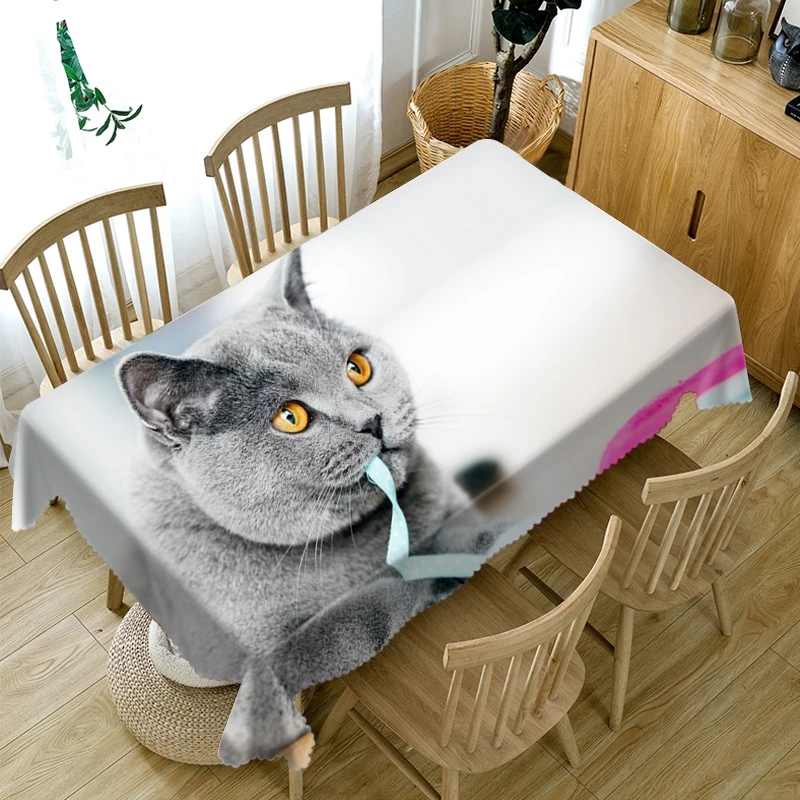 3D 동물 패턴 식탁보, 작은 흰색 고양이, 방진 빨 천, 두꺼운 면, 직사각형 및 원형 테이블 천