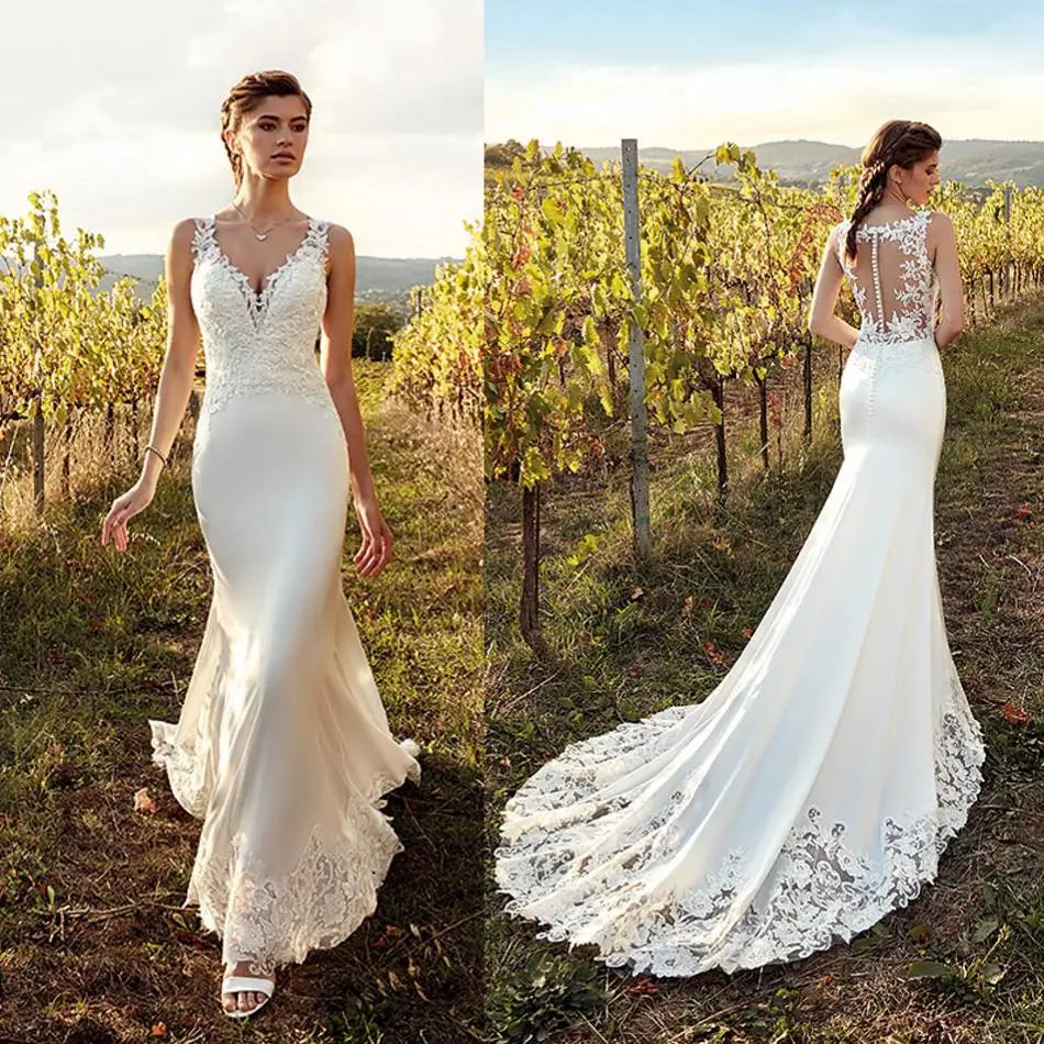 2019 abiti da sposa in pizzo Sexy scollo a v Appliques abiti da sposa da giardino bottoni indietro Sweep Train abito da sposa a sirena