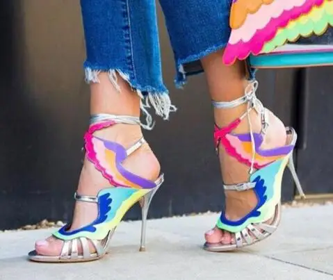 Ladies Colorful Wing Sandals Leather Strap Cut Out Style Lace-up High Heels Sexy Dress Stiletto Women Peep Toe Stage Shoes
