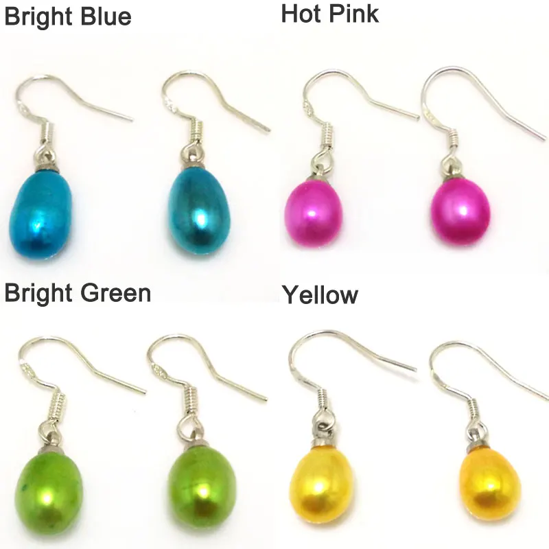 Wholesale 7-8mm Acid Blue Natural Rainrdrop Pearl 925 Silver Hook Earring