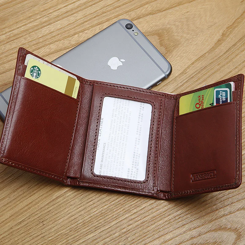 LANSPACE men's leather small wallet italy three fold mini wallet