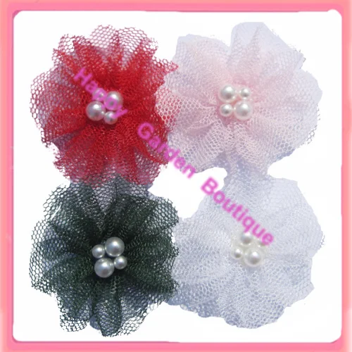 Free shipping!Small flower 1\'\' New  mesh flowers with pearl 4 colors for your choice