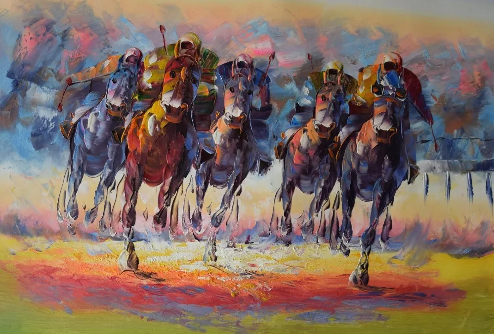 

Hand Painted Thick Textured Palette Knife Abstract Horse Racing Oil Painting on Canvas Wall Painting Picture for Living Room