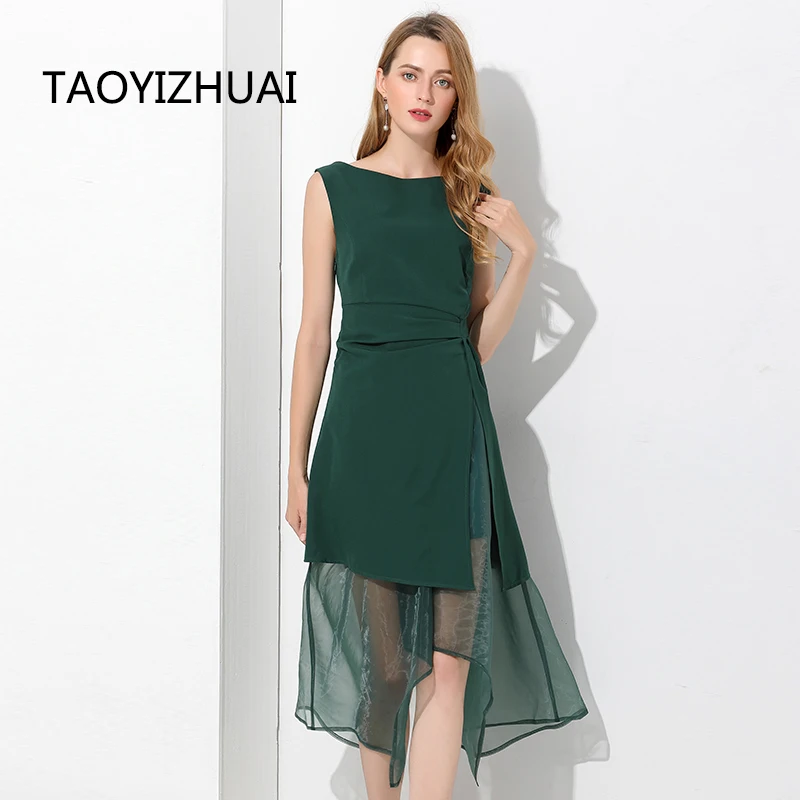 

TAOYIZHUAI New Arrival Summer Patchwork Sleeveless Green Color Office Lady Fit And flare Elegant Big Long Chiffon Dress11576