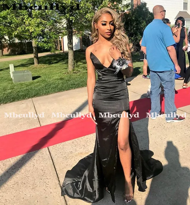 Mbcullyd Sexy Deep V-neck Long Black Prom Dresses 2023 With Slit Formal Mermaid Party Dress For Graduation Cheap Plus Size