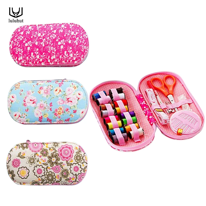 Portable mini travel sewing kits box with color needle threads pin scissor sewing set with case box home tools DIY handwork tool