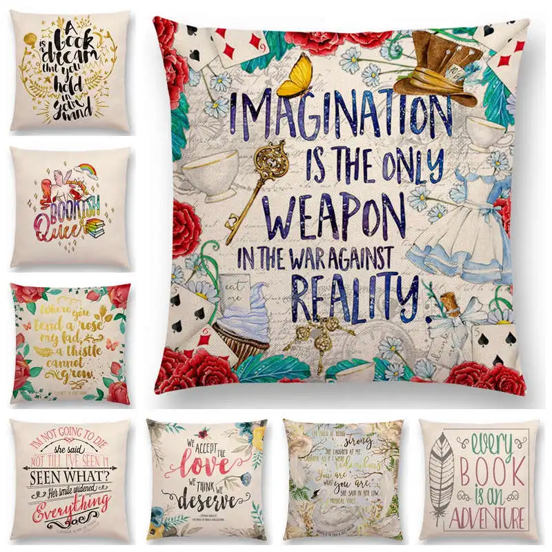 Gorgeous Flowers  Sofa Pillow Case faGraceful Thought Beautiful Language Brilliant Words Decorative Letters Cushion Cover