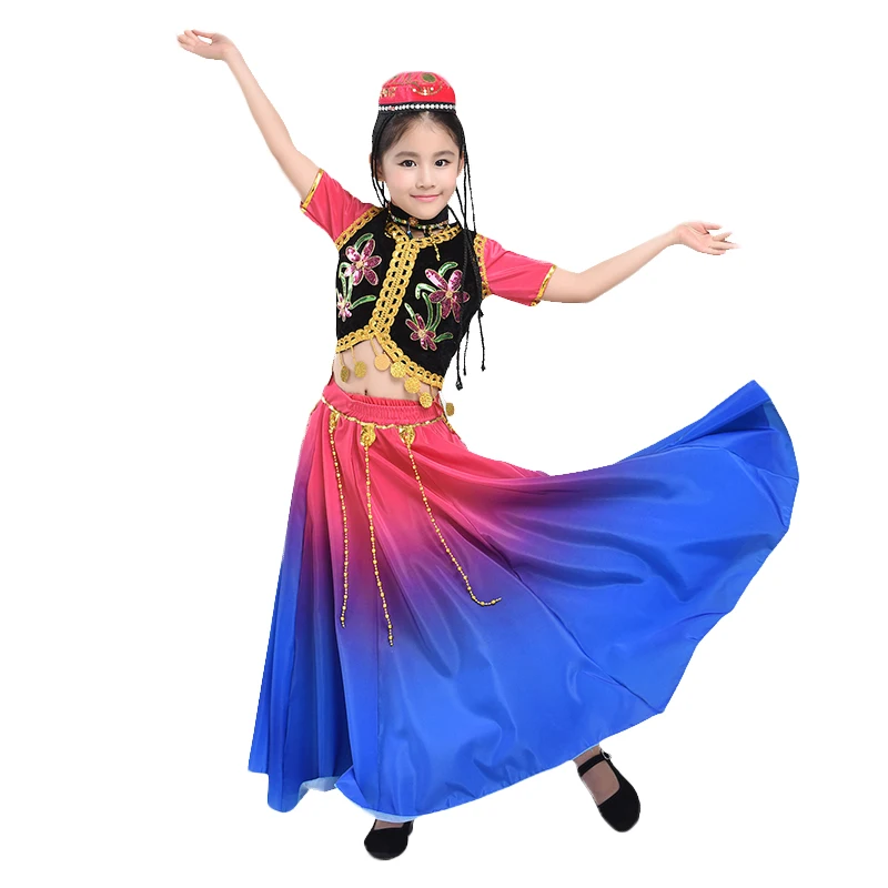 Ropa de baile de Xinjiang para niños, disfraz de actuación nacional para niñas, disfraces de baile de Xinjiang, falda de columpio grande, perforador nacional