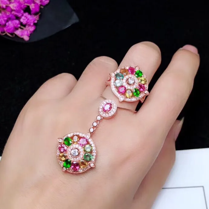 

Natural tourmaline set, latest design, fashionable, candy color, 925 sterling silver