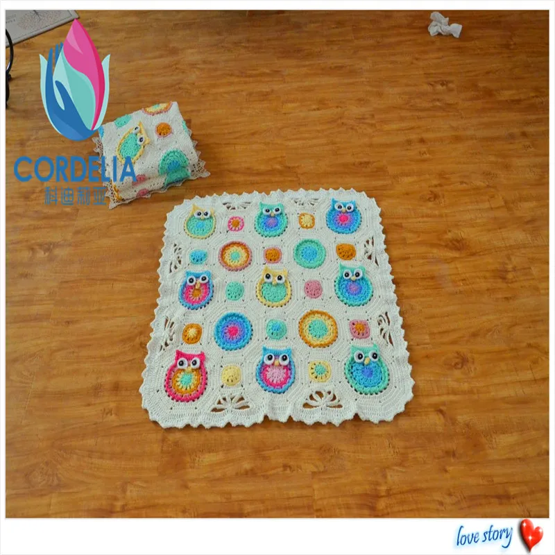 2016 new fashion crochet baby blanket with flowers and owl cushion baptism shawls baby cover with lave doilies coster