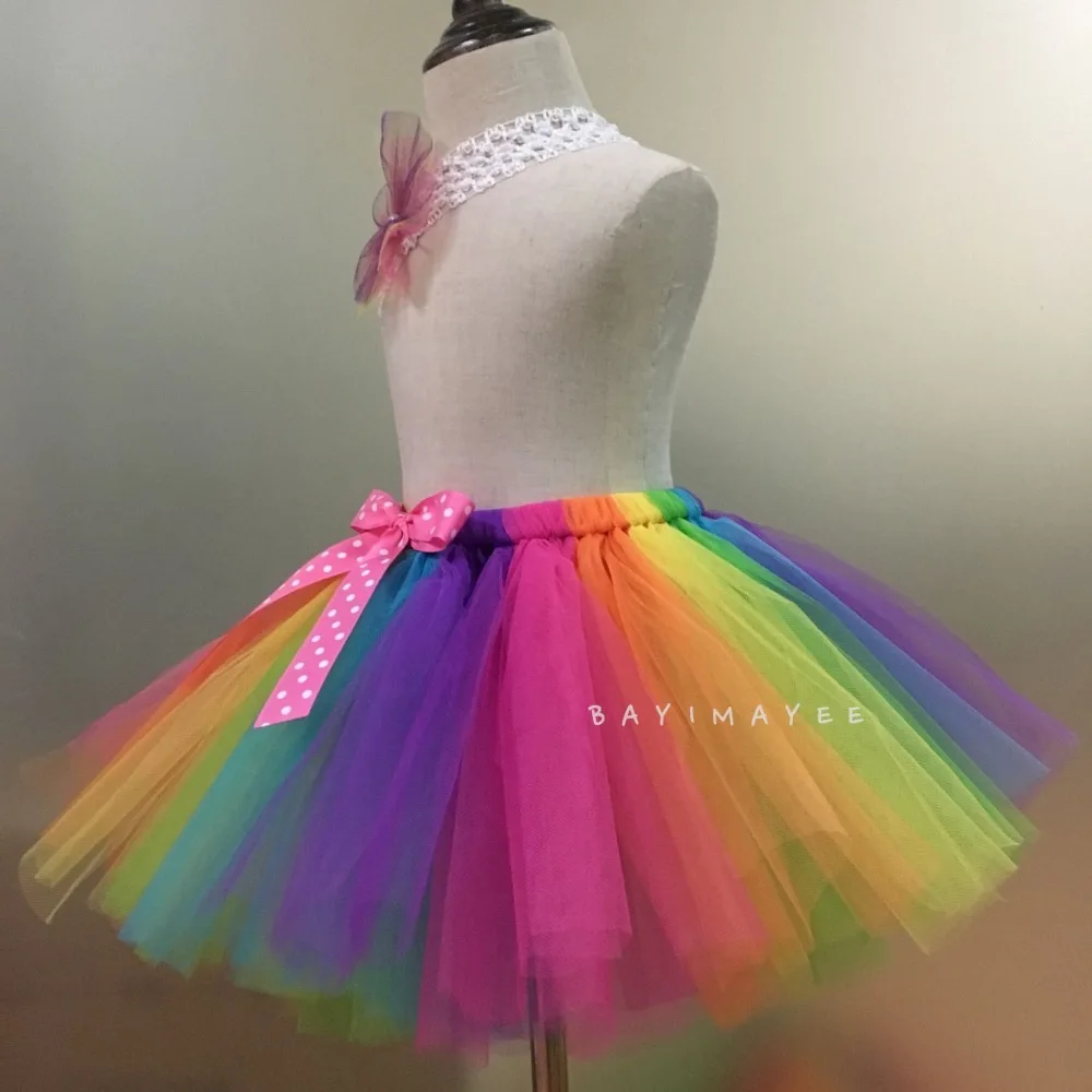 Rainbow Tutu spódnice dziewczynek tiulowe spódnice taniec baletowy Pettiskirt Tutus z Polka kokardki w kropki i zestaw opasek dla dzieci spódnice na