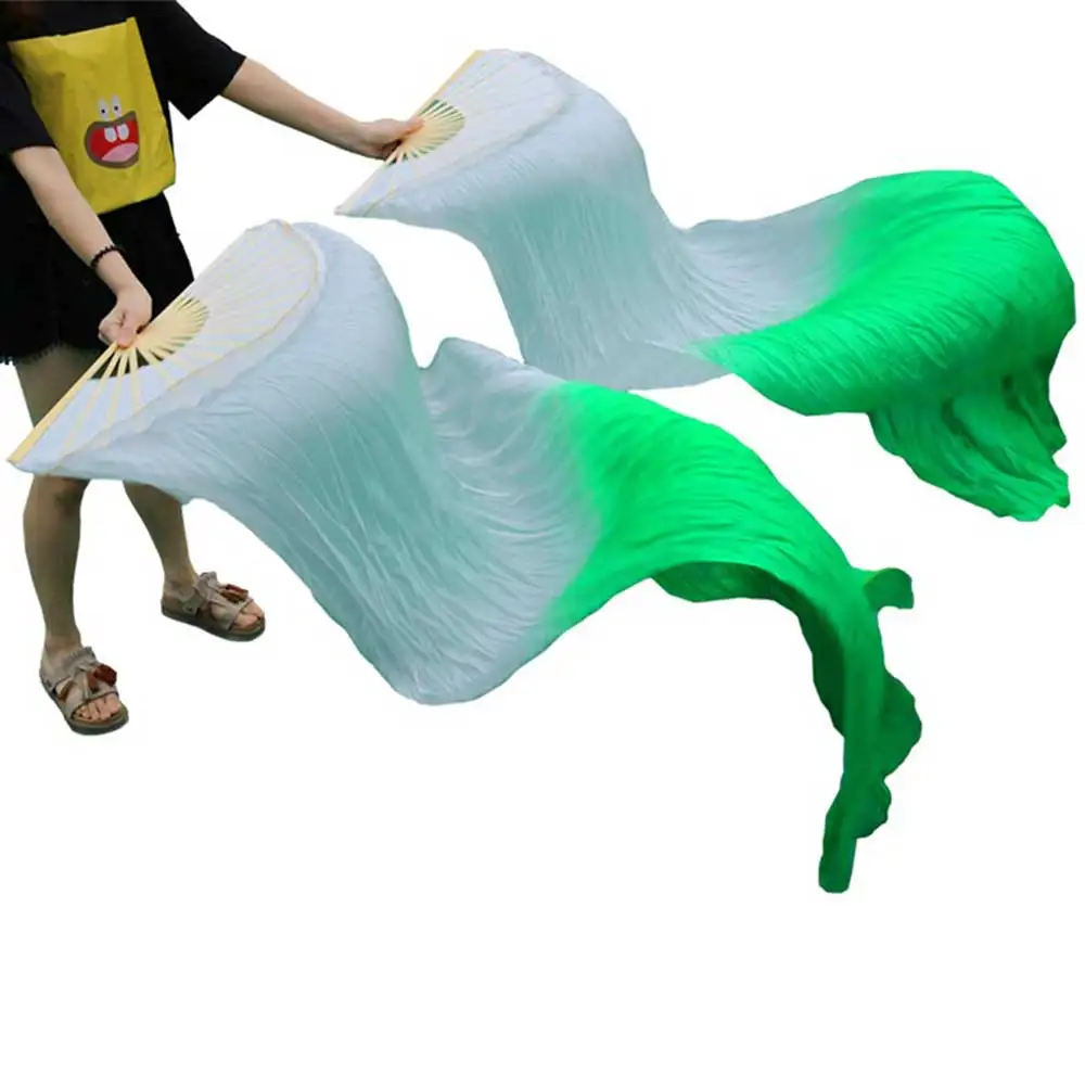 100% Silk Fans Handmade Dyed High Quality Silk Veils Dance Fans 1 Pair Left+Right Hand Belly Dancing Fans White + Green 180*90cm