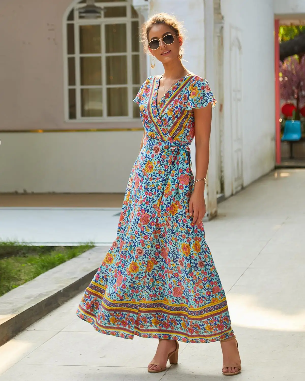 

Sexy Maxi Beach Summer Dress Boho Dress Women Vestidos Short Sleeve Sash Split Retro Long Dress Vintage Floral Print