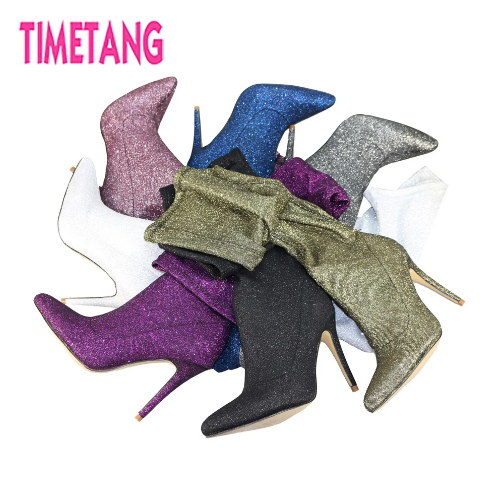 TIMETANG Hottest Women Long Boots Bling Sexy Pointed Toe Thigh High Heels Over-the-Knee for Girls Ladies Shoes Big Size US 4-13