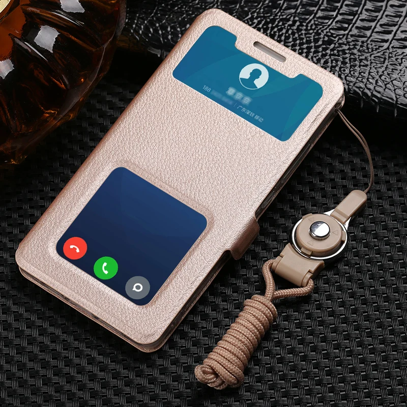 Business Double View Window Flip PU Leather Case For Xiaomi Redmi Note 5 7 Pro 7A 8 8A 4X 5X 6X Mi 10T Pro Lanyard Buckle Case