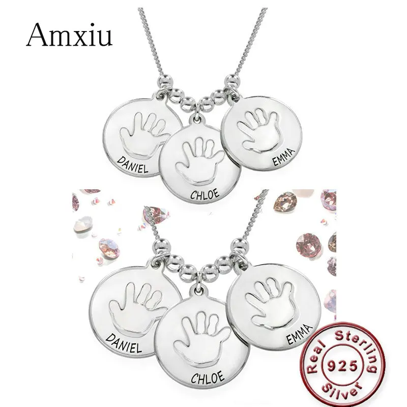 

Amxiu Customize 1-3 Names Necklace 925 Sterling Silver Jewelry Baby Hand Palms Pendants Necklaces For Women Mother Special Gift