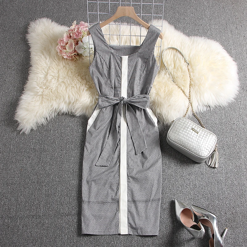 ALPHALMODA-Women\'s Elegant Dress, Sleeveless, Uncovered Buttons, Slim Fit Sashes, Mid-calf, Summer Fashion, 2019, New