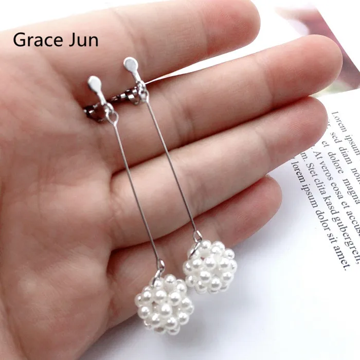 Grace Jun New Springs Handmade Long Pearl Ball Clip on Earrings and Pierced Popular Student Earrings Luxury Jewelry Wholesale