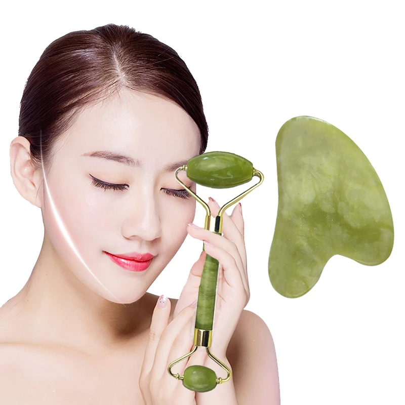 2 Chiếc Con Lăn Kim Massage Mặt Mát-xa Chăm Sóc Sức Khỏe Ngọc Bích Tự Nhiên Ban Cạo Dụng Cụ Chăm Sóc Da Mặt Nâng Bộ Dụng Cụ