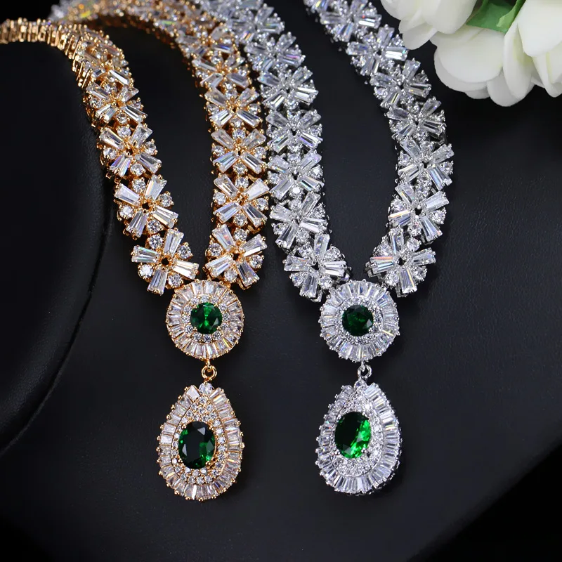 CWWZircons Top Quality Yellow Gold Color Green African Cubic Zirconia Beads Bridal Wedding Jewelry Sets for Wedding Brides T097