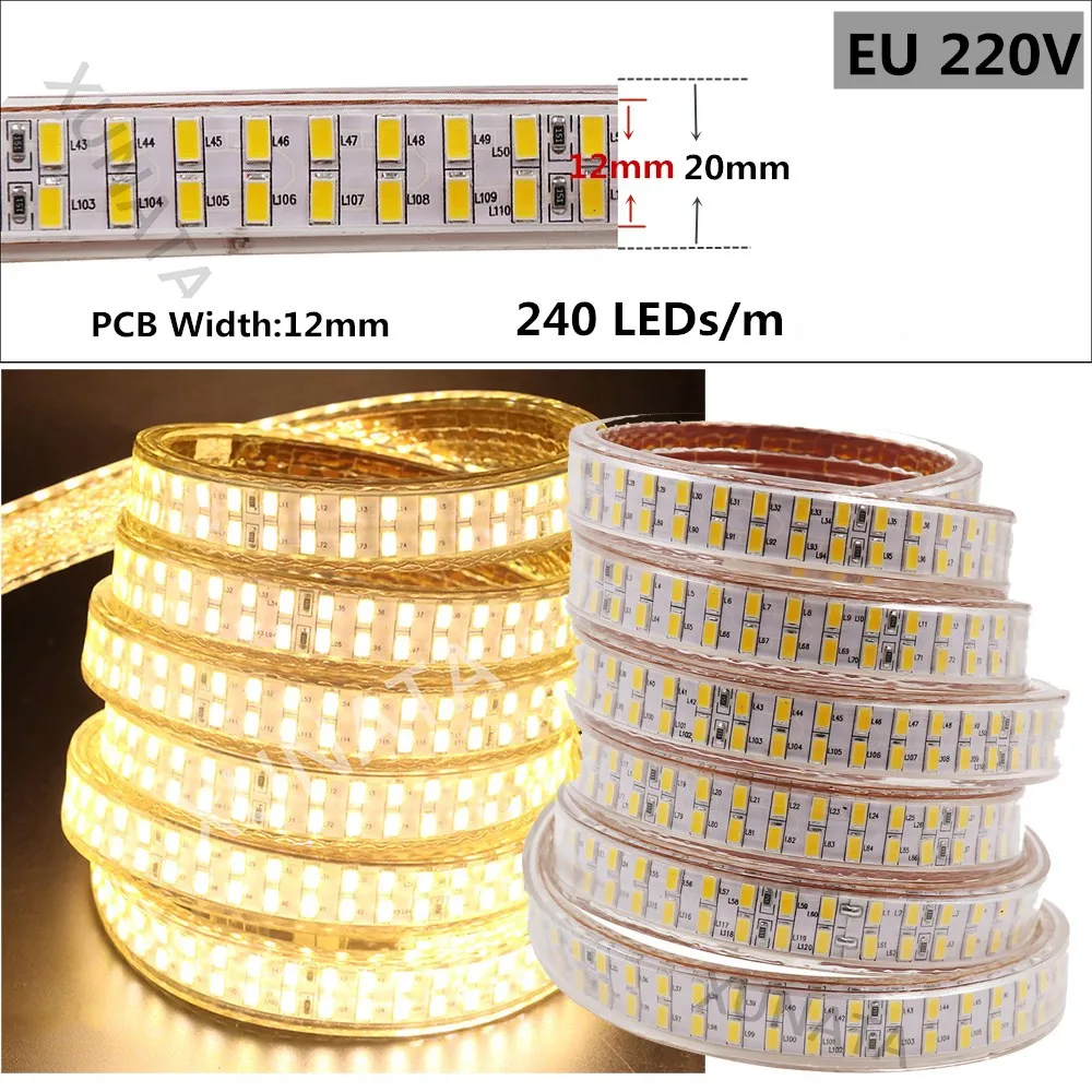 AC 110V 220V Led Strip Super Bright SMD 5730 240Leds/m Double Row Waterproof Flexible Ribbon Tape LED Stripe Light With Switch