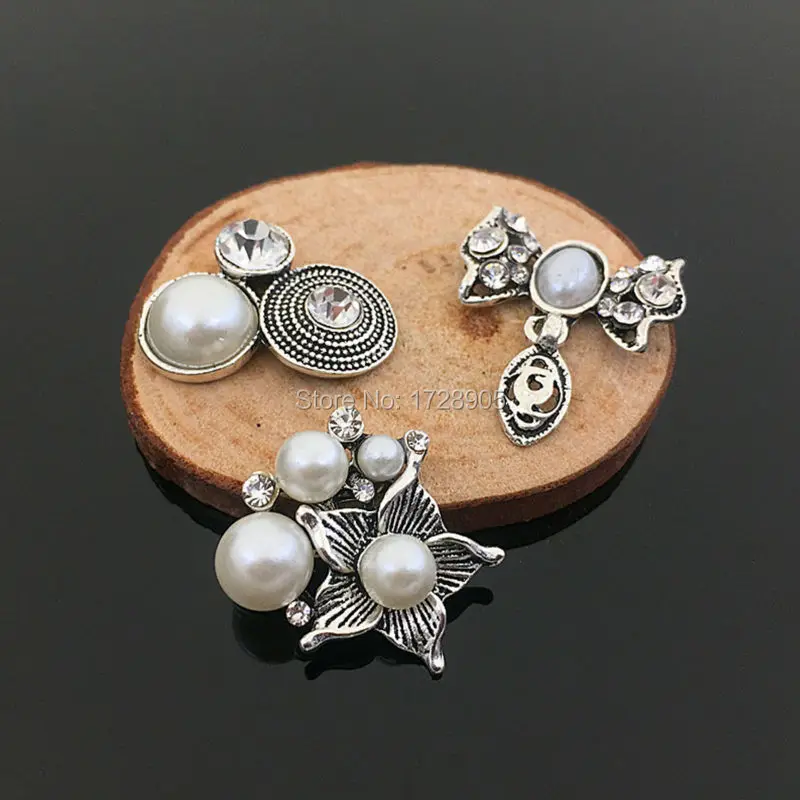 Embellishment 10 Pieces Antique Silver Plated Flower Buttons With White Pearls Flat Back Decoration Accessories