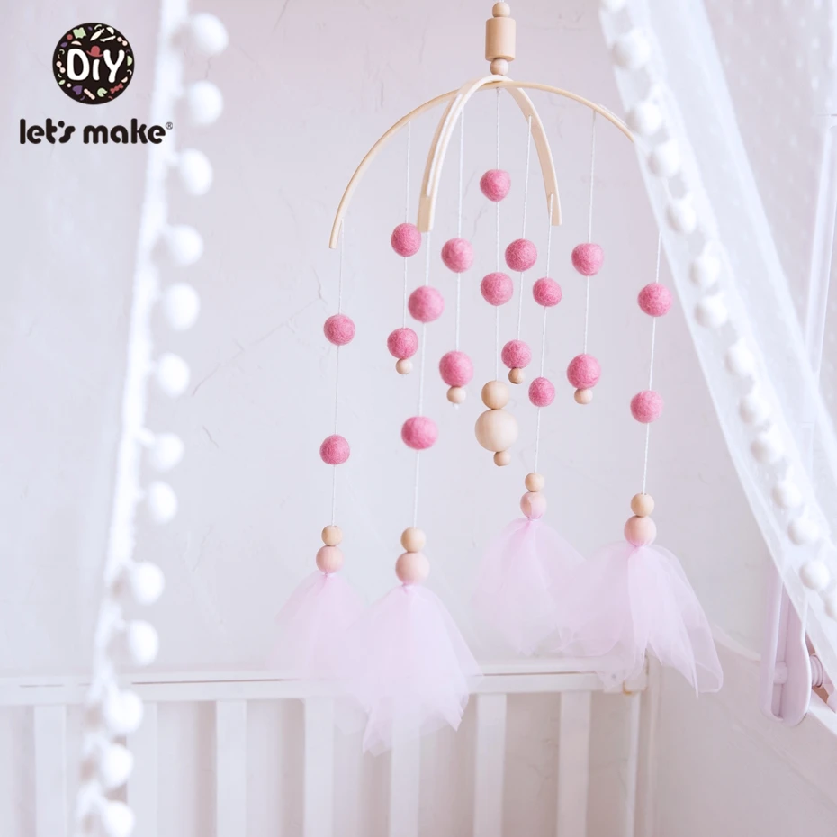 Let'S Make Wood Baby Bed Toys Gift Crib Mobile Infant Room Stroller Music Baby Felt Wool Ball Rattles Wooden Teether Toys