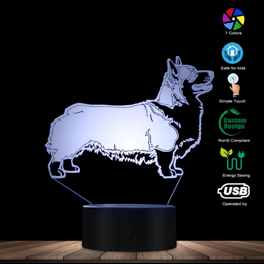 Pembroke welsh corgi cão iluminação 3d ilusão óptica luz usb lâmpada noite cardigan cão incandescente led luz decoração da sua casa candeeiro de mesa