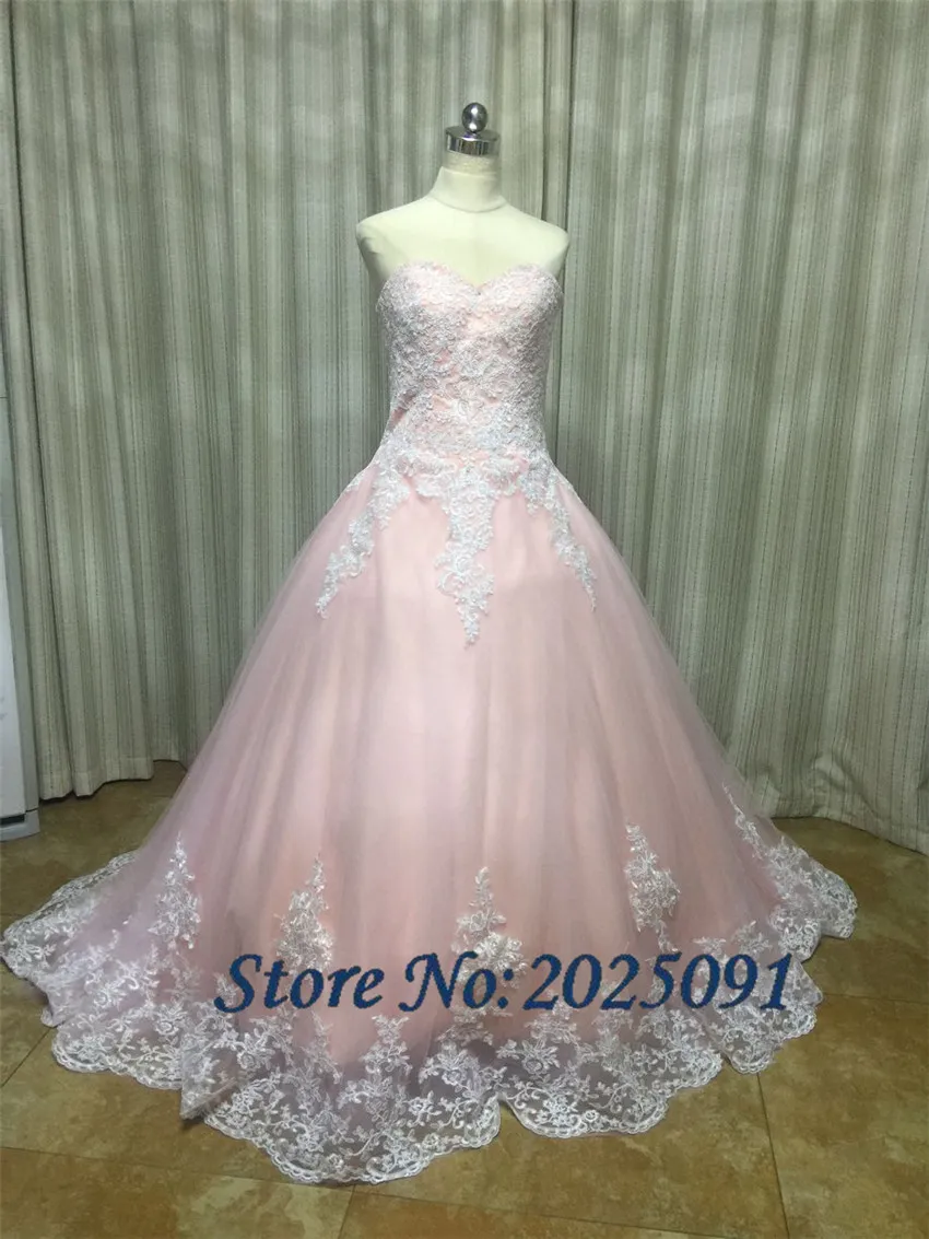 Sweetheart Blush Hồng Quinceanera Áo Bầu Voan Phối Ren Trắng Appliques Sweet 16 Đầm Vestidos 15 Anos