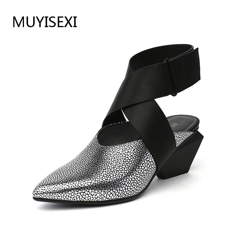 

Ankle Bandage Strap Women Pumps Close Pointed Toe Chunky Strange Heel 6cm Retro Lady Sandals Dress Party Shoes HL118 MUYISEXI