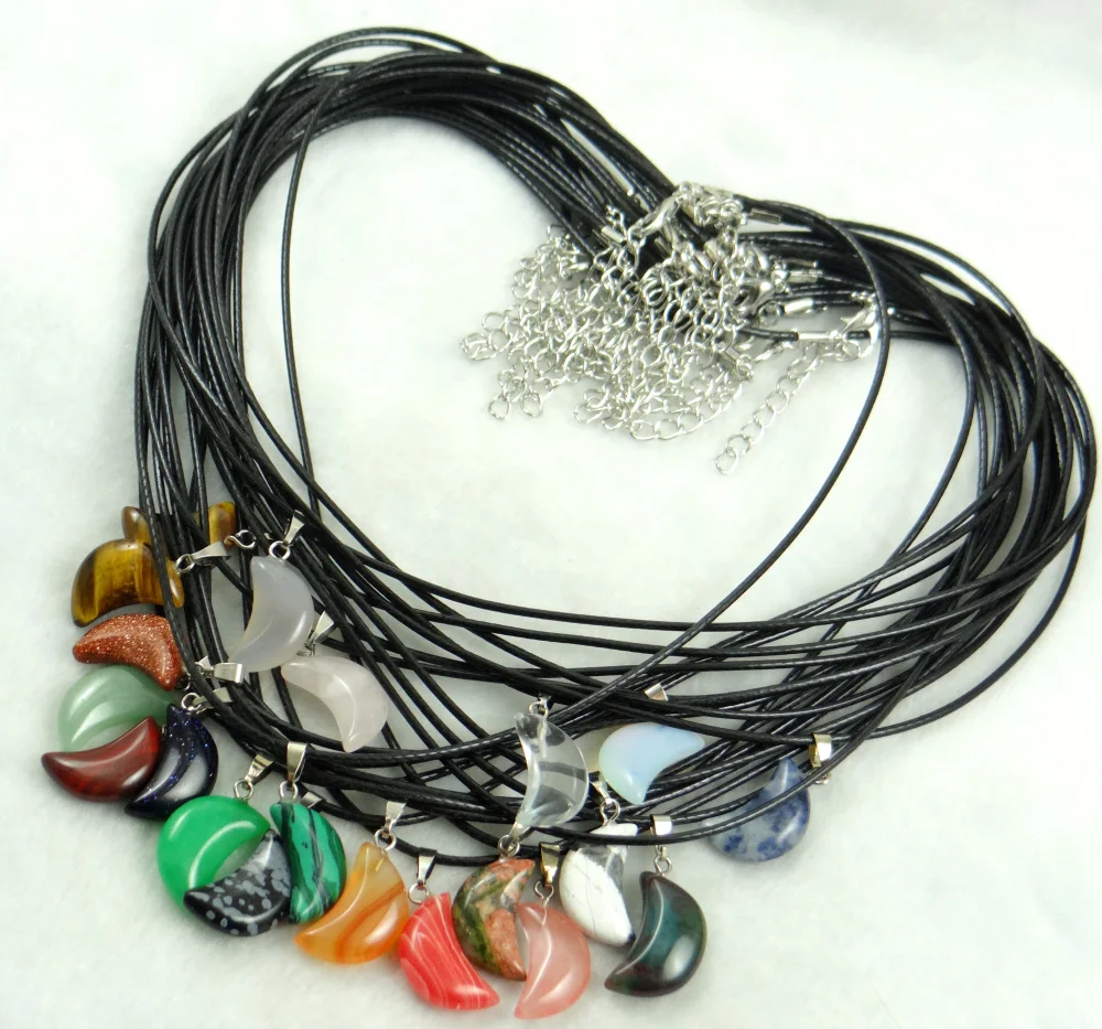 1pcs Moon Necklaces Natural Crystal Pendants Stone Pendant Leather Chains Necklace Women Fashion Jewelry
