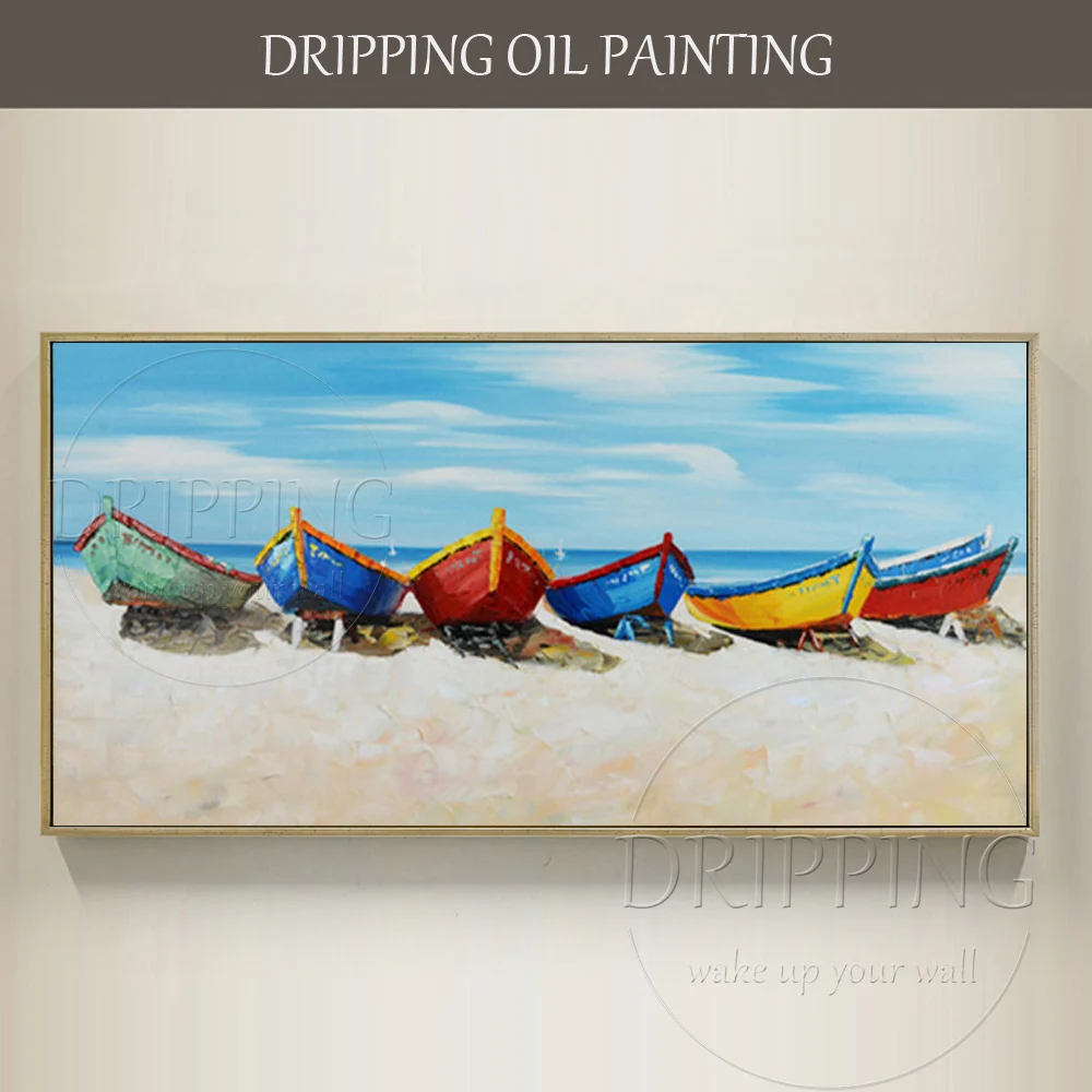 Artist Hand-painted High Quality Hawaii Beach Oil Painting on Canvas Blue Ocean Landscape Boats Oil Painting for Living Room