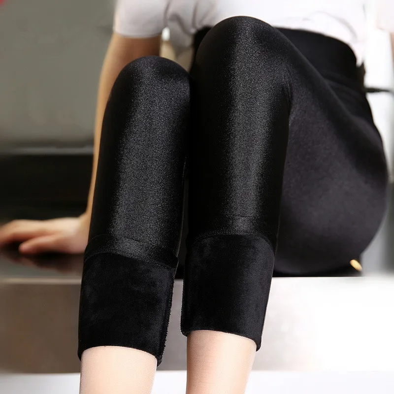 BIVIGAOS Autumn Winter Leggings Velvet Thick Warm Leggings Elastic Black Gloss Pants Slim Pencil Pants Legging Women Clothing