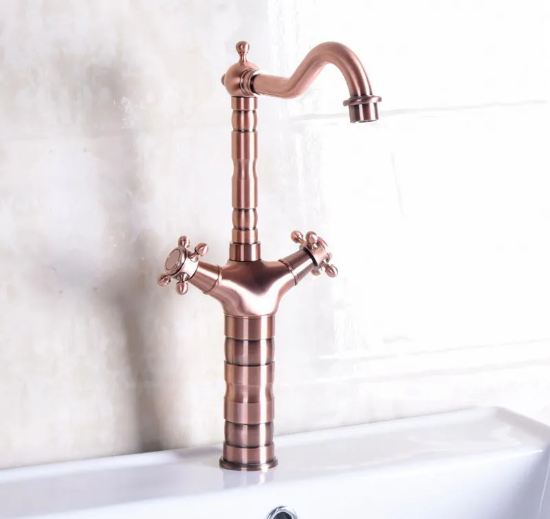 Antique Red Copper Brass Dual Cross Handles Bathroom Kitchen Basin Sink Faucet Mixer Tap Swivel Spout Deck Mounted mnf127