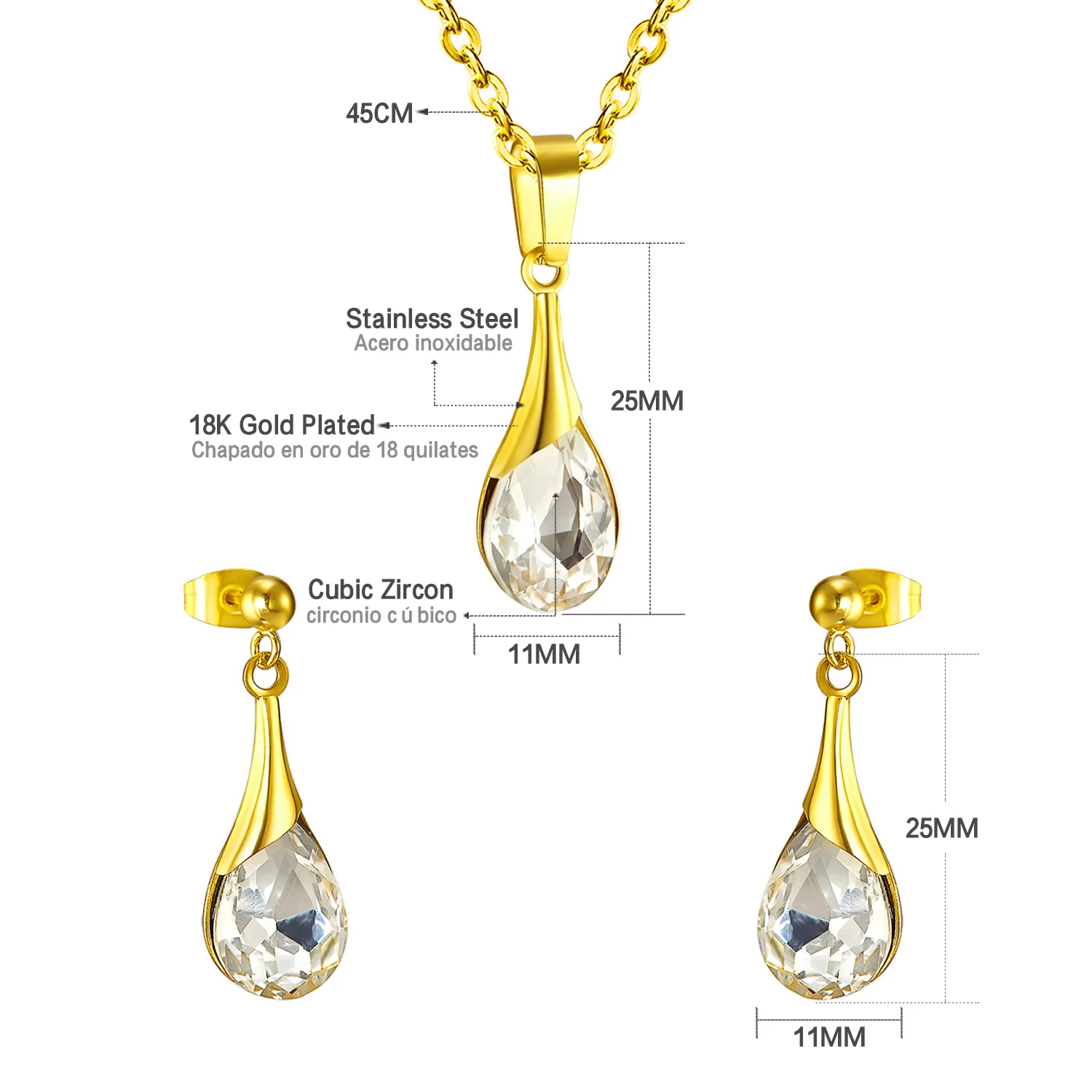 LUXUKISSKIDS Stainless Steel Dubai Golden Jewelry Sets Shiny Water Drop Shape Zircon Pendant Necklace and Earrings For Women