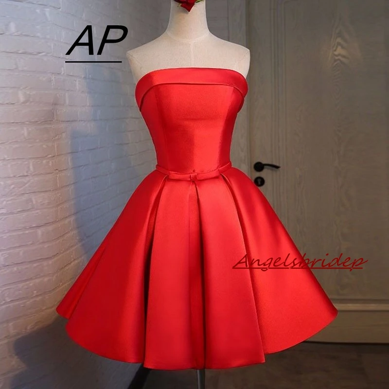 

ANGELSBRIDEP Strapless Red Mini/Short Homecoming Dress Sexy Strapless Sash Satin Junior High Graduation Dresses 2021 Party Gown