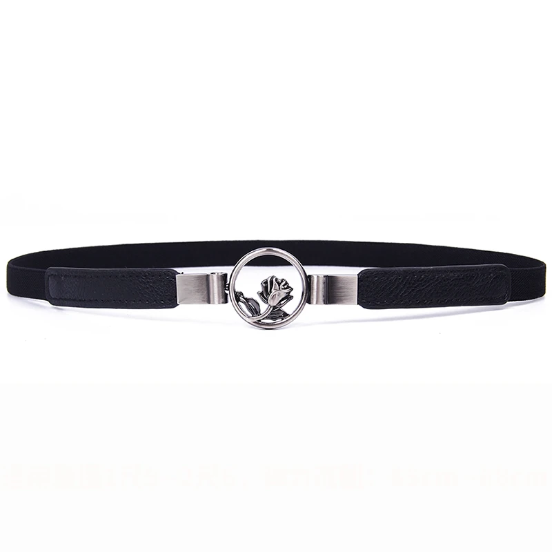 

Black Alloy Flower Buckle Thin Elastic Waistband Gold Buckles Women Skinny Belt Dress Cummerbund PU Leather Black Stretch Belts