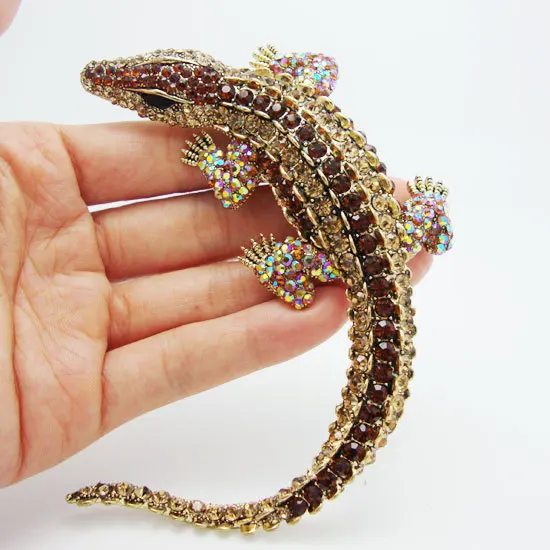 New Fashion Vintage Style Brown Crystal Rhinestone Huge Crocodile Decorative Pendant Brooch Pin