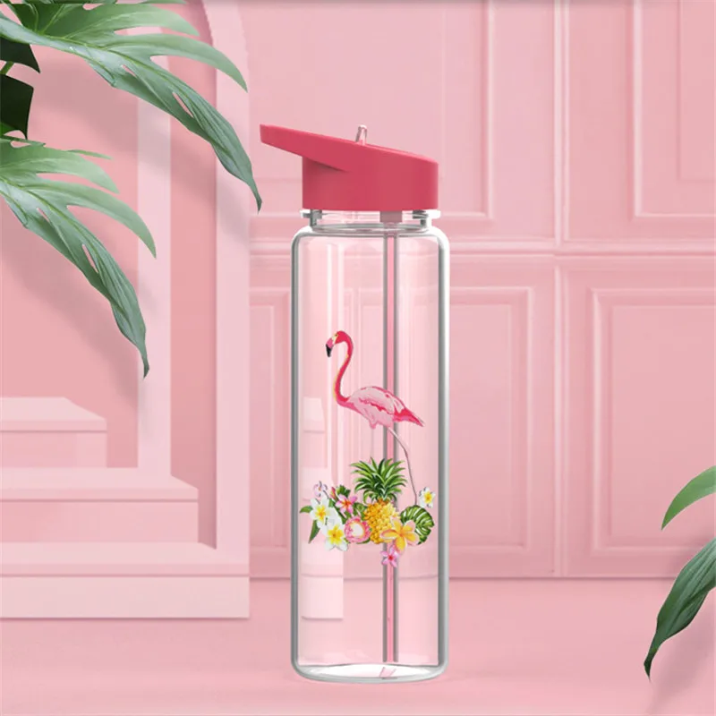 

Bpa-Free 750ml 100%Tritan Sports Outdoor Straw Water Bottle With Flamingos&Elk Printing My Drink Juice Handle The Unicorn Kettle