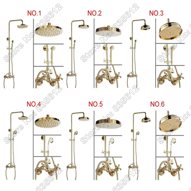 

Gold Color Brass Bathroom Rain Shower Faucet Sets Wall Mounted Dual Cross Handle Mixer Taps with Hand Shower Spray tgf001