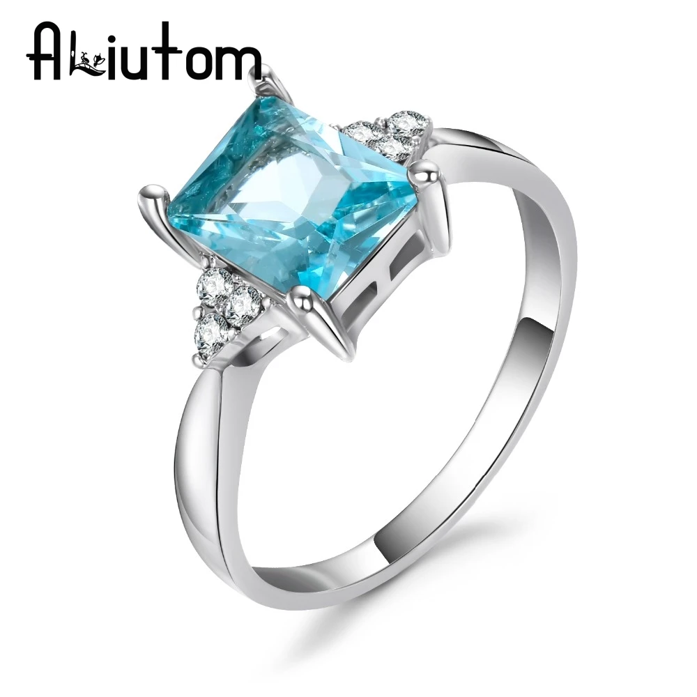 ALIUTOM Big Blue CZ Cubic Zircon Stone Silver Color Rings for Women Fashion Jewelry Valentines Day Gift