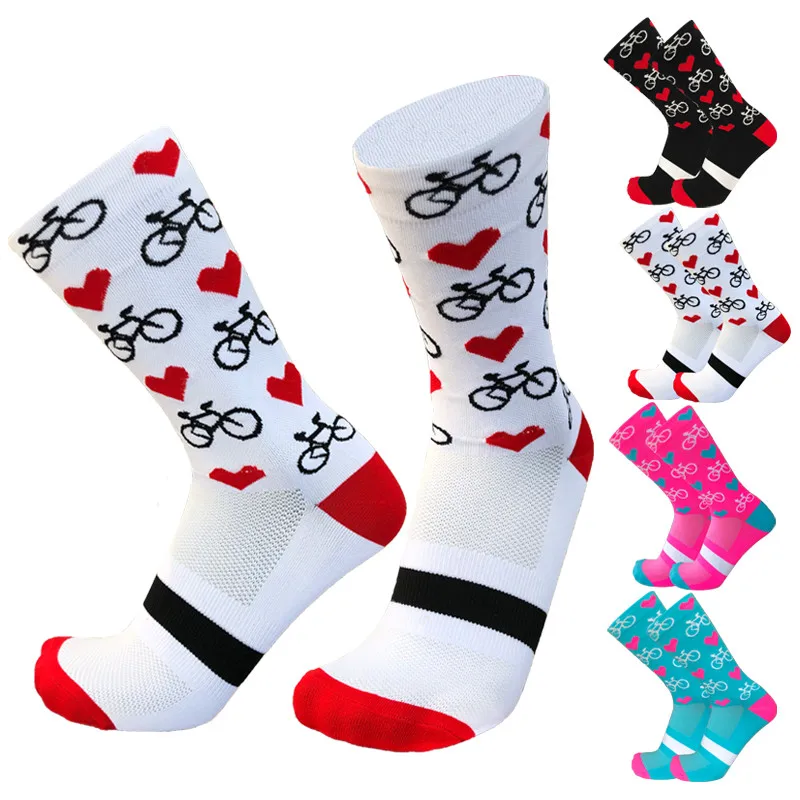 New Professional Sport Pro Cycling Socks Men Women Compression Road Bicycle Socks Mountain Bike Socks Racing Socks Heart Pattern