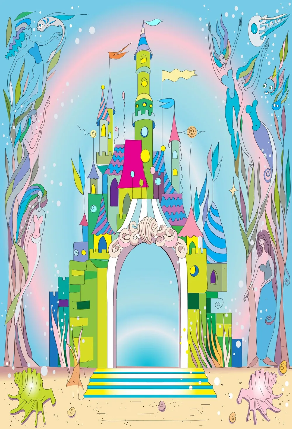 VinylBDS 5x7ft (150x220cm) Cartoon Castle Photography Backdrop Underwater World Studio Backdrop Rainbow Newborn Party Background