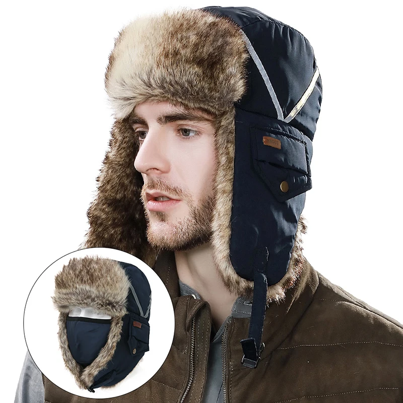 B-8825 Man Bomber Hat Male Winter Reflex Mask Hats Adult Russian Ushanka Hat Warm Snow Ski Cap